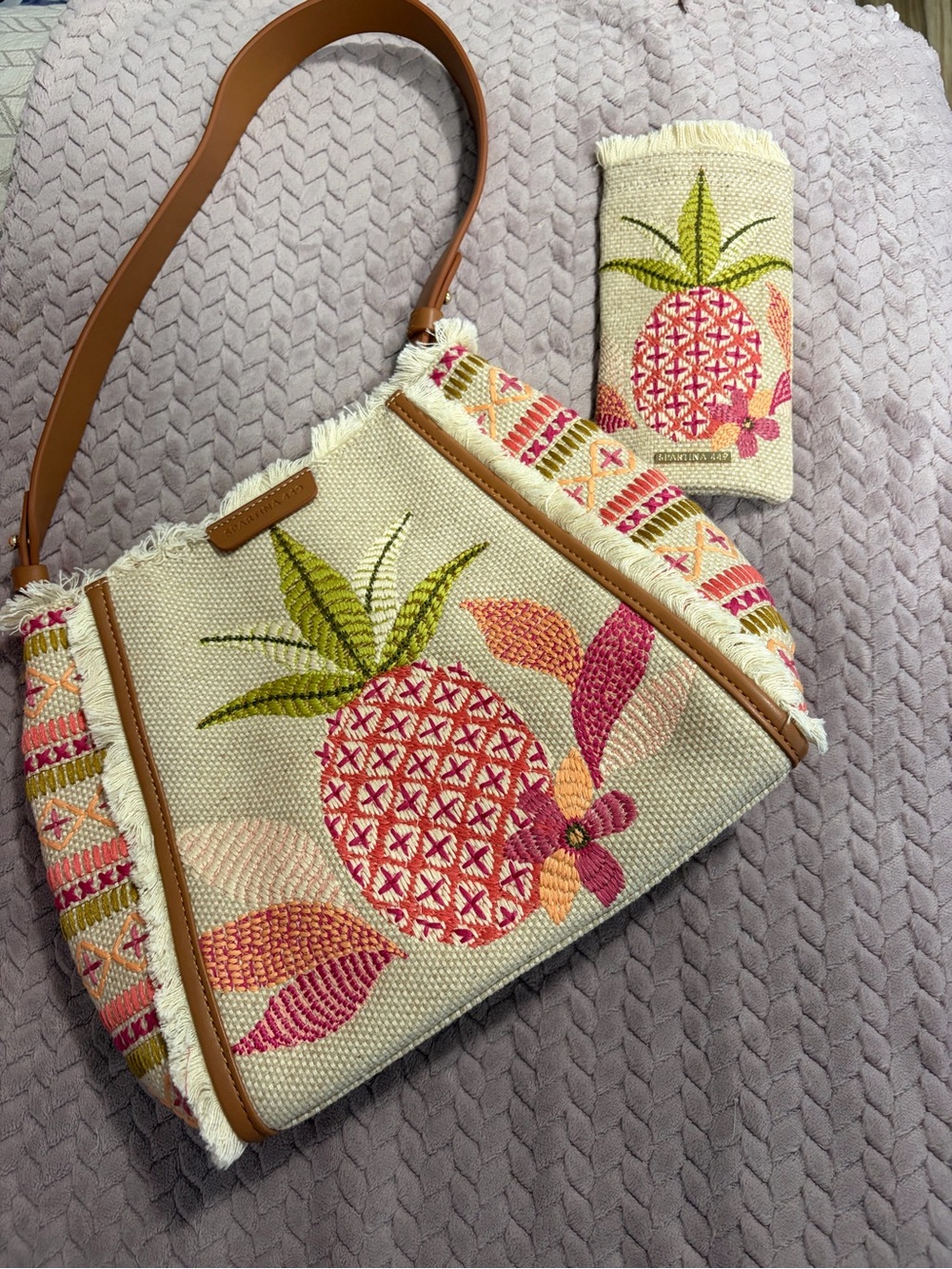 Spartina 449 Neutral Canvas Shoulder Bag with Pink & Green Pineapple Embroidery